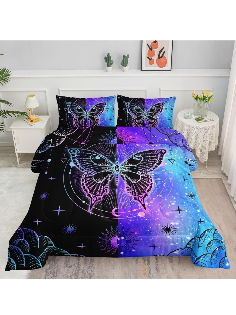 Butterfly Galaxy Comforter Set - Vibrant Black Purple Blue